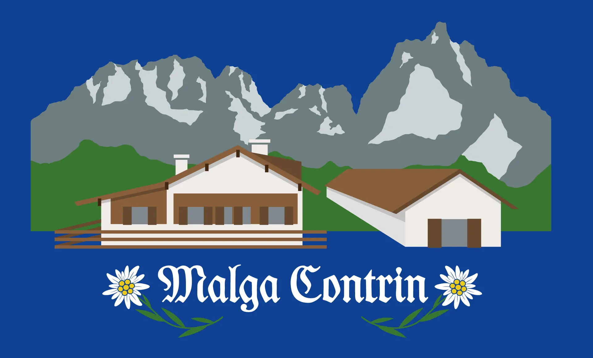 Logo della Malga Contrin con le Dolomiti sullo sfondo, due edifici alpini e fiori di stella alpina